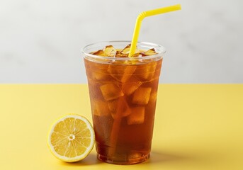 Fototapeta premium Iced tea in a plastic cup with a yellow straw and lemon half on a yellow and white background