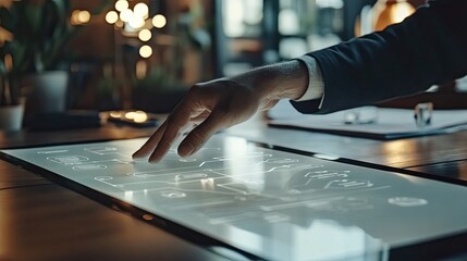 Interactive technology: Businessman using futuristic touch screen interface display