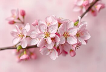 Fototapeta premium Soft, overhead view of delicate spring blossoms on a blurred pastel background, copy space, blurred background