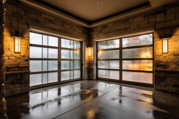 Frosted garage windows with matching stone entry --ar 3:2 --v 7 Job ID: 083792c1-685d-4814-a3cf-8535397fe8ca