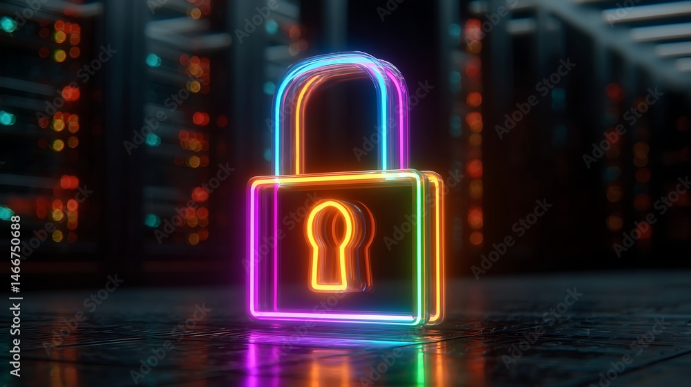 Poster a vibrant glowing chrome padlock symbol, illuminated with neon colors, digital shield symbolizing se