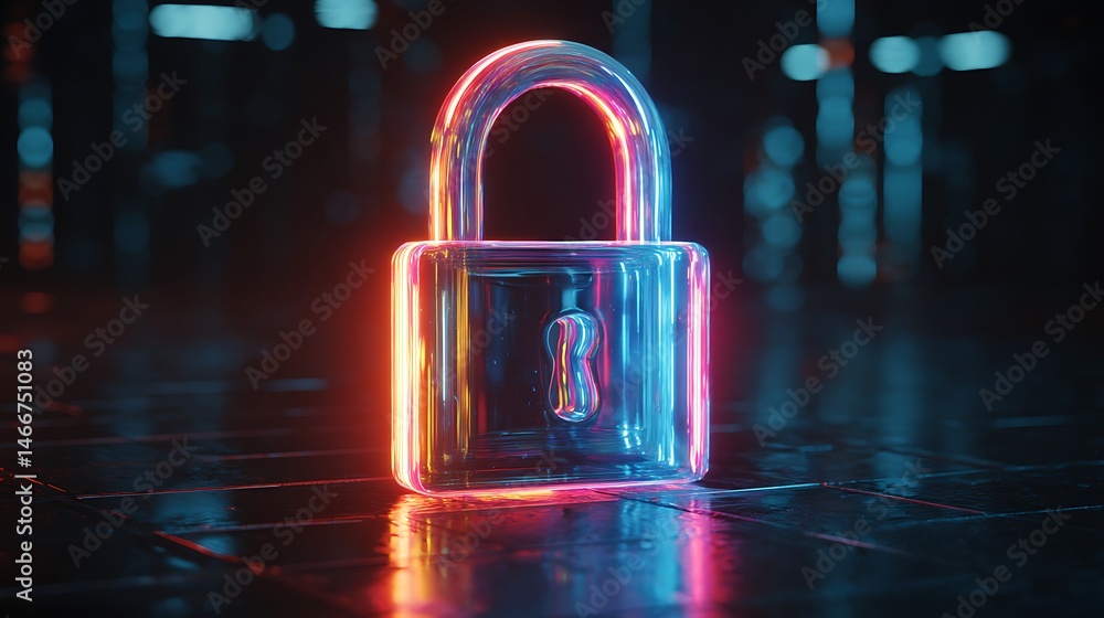 Poster a vibrant glowing chrome padlock symbol, illuminated with neon colors, digital shield symbolizing se
