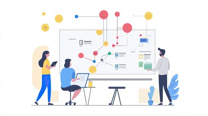 Team visualizes complex data connections on whiteboard for project strategy