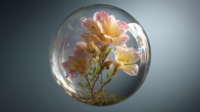 flower blooming glass sphere hyperreal surreal floating cinematic lighting time lapse growth concept