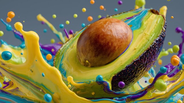avocado splash vibrant paint hyperreal macro colorful liquid explosion food concept sharp texture dynamic