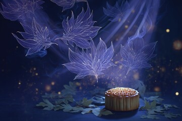 "Luscious lotus paste flowing through mooncake fissures, caramel coating reflecting golden light against dreamy indigo wash of traditional ink moon cycle illustrations"
