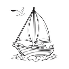 Coloring page of a sailboat on calm waters, ideal for travel, adventure, and nautical themes.