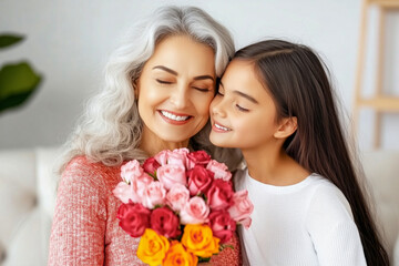 Smiling woman with gray hair and young girl holding colorful bouquet of roses, sharing a joyful moment together, celebrating love and connection on Mother's Day