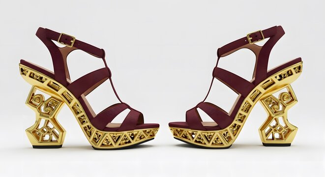 Exquisite pair of avant-garde women's platform sandals, showcasing luxurious burgundy fabric straps and exceptionally ornate, sculptural gold high heels.
