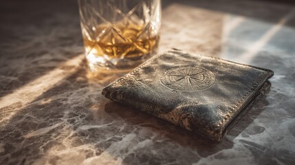old book and a glass filled with whiskey