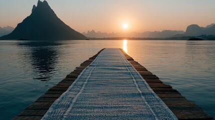 Eco-friendly hemp yoga mat levitating with sacred geometry crystal design, dawn light prisming through hovering water beads against out-of-focus Himalayan peaks.

