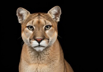 Close-up portrait of a mountain lion with tan fur and green eyes against a stark black background