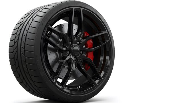 Sleek black high-performance automotive wheel showcasing a gloss black multi-spoke alloy rim, strikingly contrasted by a vibrant red brake caliper and paired with a robust low-profile tire designed 