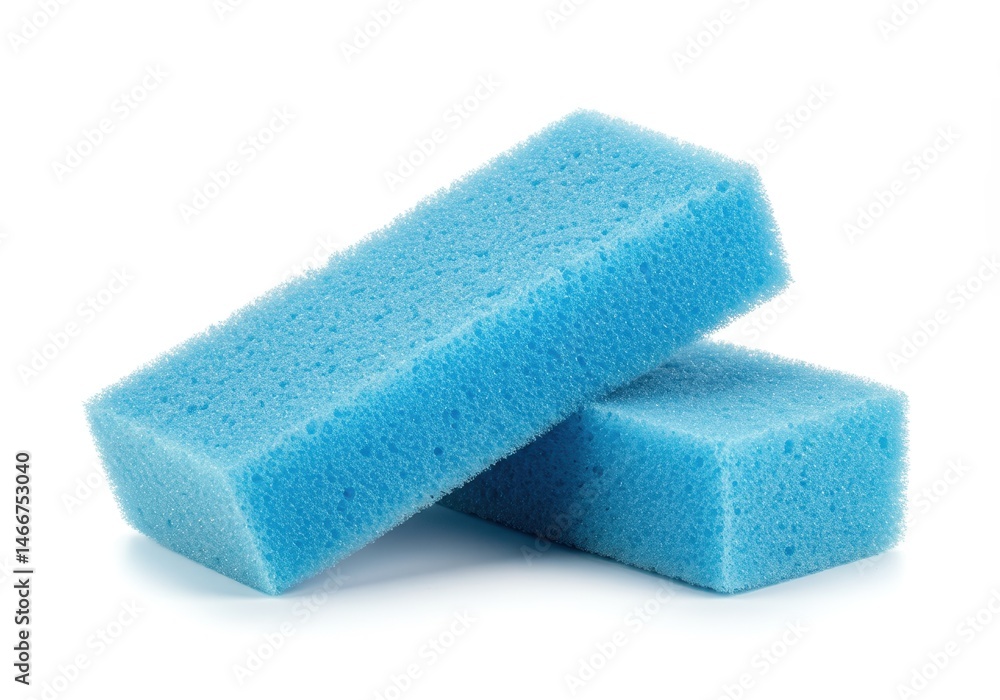Poster two blue rectangular sponges stacked on a white surface, showing texture and detail in a simple comp