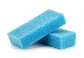Two blue rectangular sponges stacked on a white surface, showing texture and detail in a simple composition