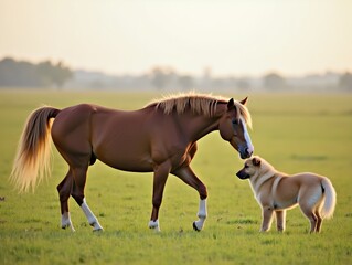 Obraz premium A horse and a dog in a field