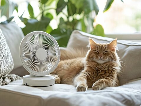 Cat Cooling Down with Fan
