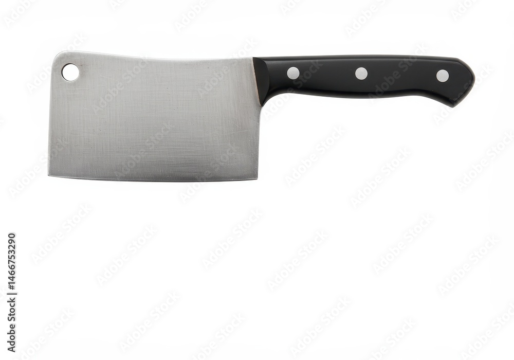 Poster a sharp meat cleaver with a black handle is isolated against a stark white background, ready for use