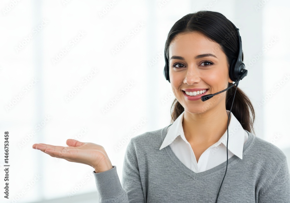 Poster smiling female customer service representative with headset presenting with open palm in a bright of