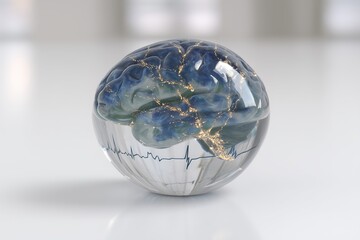 Transparent glass brain sculpture filled with flowing colored liquid pathways, glowing blue backlight emphasizing neural connections
