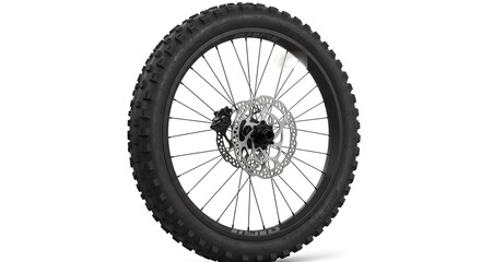 Fototapeta premium Rugged black mountain bike wheel featuring a thick, aggressive knobby tire, black rim, silver spokes, and a prominent disc brake system with rotor and caliper, isolated against a clean white