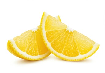 Two lemon wedges sit side by side on a white surface, their bright yellow color popping against the background
