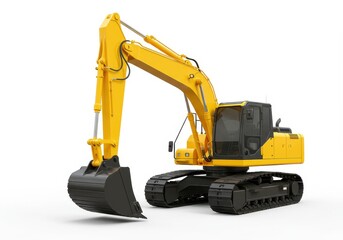 Isolated yellow excavator with a black bucket and treads against a white background in a studio setting