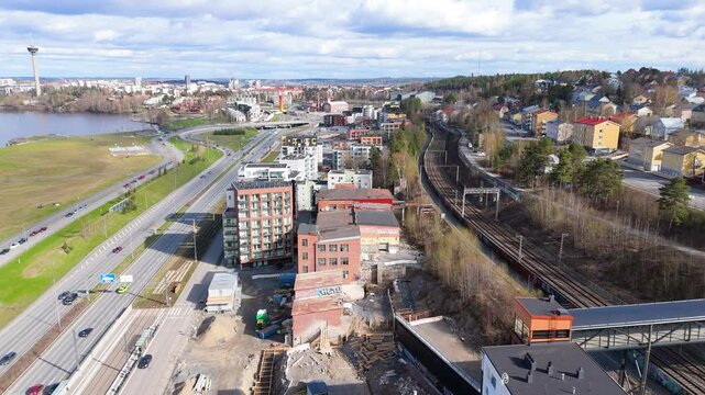 Nordic city in the summer. View of the santalahti, and city center and Pispala regions. Bridge connecting Santalahti and pispala areas.
