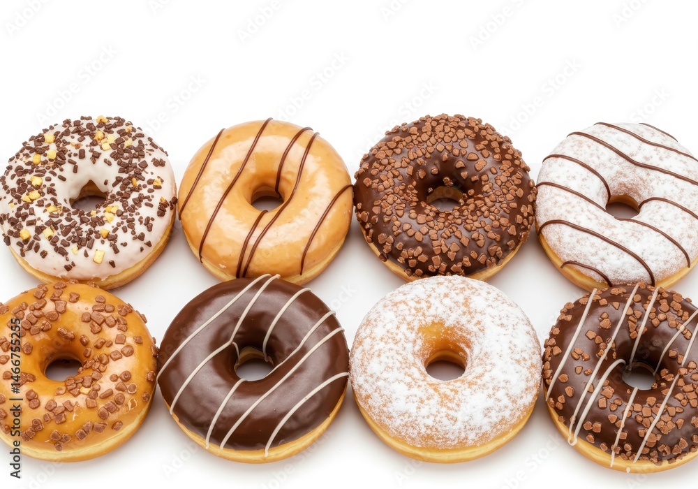 Poster assorted donuts with various toppings and glazes arranged in a row on a white surface, showcasing di