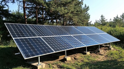Solar panels in a sunny green landscape.