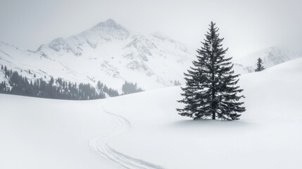 Naklejka premium A lone tree stands in the snow, with a mountain range in the background.