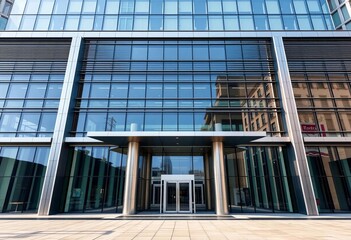 Obraz premium Sleek steel facade of modern business building, ample empty space, city, facade