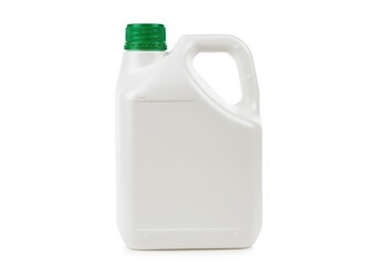 White plastic jug with green cap and handle isolated on a white background in a studio setting