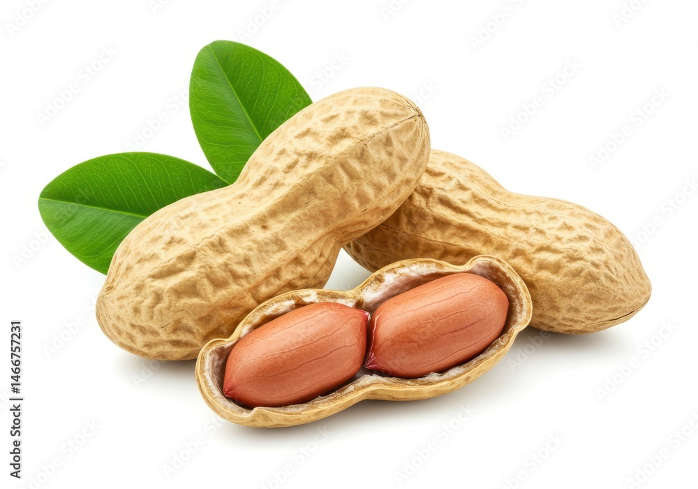 Aufkleber close-up of peanuts in shells with green leaves on a white background showing the inside of one pean