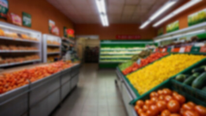 Blurred vegetable shop, vegetables neatly arranged on supermarket shelves, various kinds of fresh vegetables are visible, with a blurry vegetable background