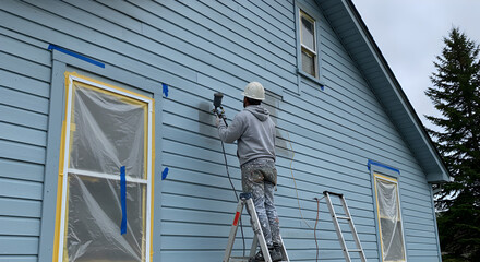 Man Painting Light Blue House Exterior on Ladder with Covered Windows on Overcast Day