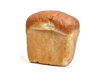Freshly baked rectangular loaf of bread with a golden-brown crust and soft texture. Traditional sandwich bread with a fluffy interior, isolated on a white background