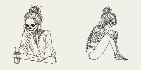 Obraz premium Female Skeleton with Messy Bun Sitting. girl bun Outline Clipart ink line art doodle vector illustration. Woman bone structure figure untidy coil hairdo postured on chair.