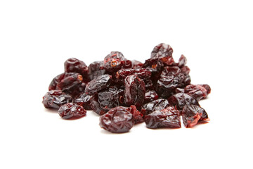 Close-up of a small pile of dried cranberries with a glossy, wrinkled texture and rich red hues, displayed on a clean white background