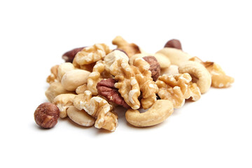 A small assortment of mixed nuts, including walnuts, cashews, almonds, hazelnuts, and pecans, arranged on a white background, emphasizing textures and variety