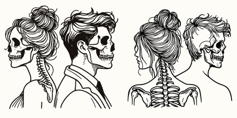 Female Skeleton with Messy Bun Romantic Couple. girl bun Outline Clipart ink line art doodle vector illustration. Lady bone structure untidy chignon loving pair affectionate relationship.
