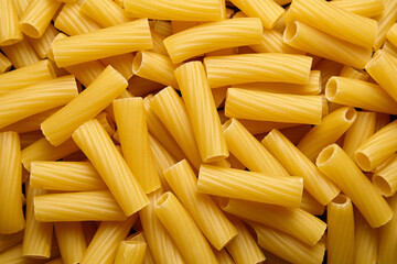 Close-up view of uncooked tortiglioni pasta, showcasing its ridged cylindrical shape and golden...