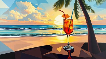 Erfrischender Cocktail mit Eiswürfeln und Zitronenscheibe vor tropischem Strand und türkisblauem Meer bei Sonnenschein im geometrischen Stil.