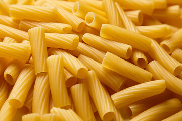 Detailed macro view of uncooked tortiglioni pasta showcasing yellow ridged tubular shapes arranged...