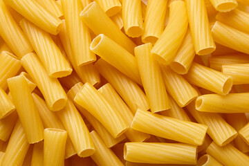 Bright macro image of dry yellow tortiglioni pasta with ridged surfaces arranged densely, emphasizing texture and tubular shape for culinary use
