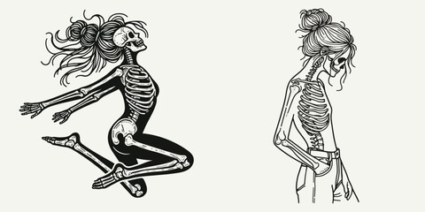 Obraz premium Female Skeleton with Messy Bun Jumping. girl bun Outline Clipart ink line art doodle vector illustration. Feminine bony figure in disarrayed topknot leaping a macabre graphic portrayal.