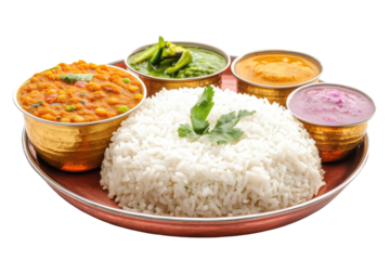 Colorful Indian thali with rice dal palak curry  raita served in bronze bowls on a copper tray over a white backdrop
