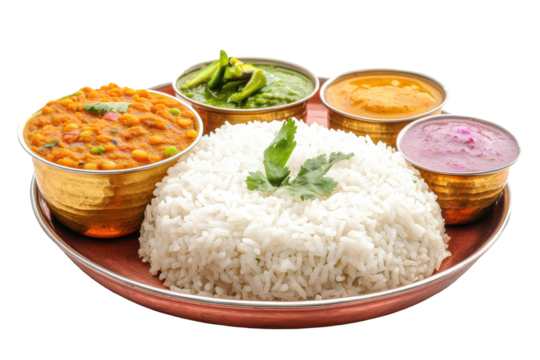 Colorful Indian thali with rice dal palak curry  raita served in bronze bowls on a copper tray over a white backdrop