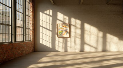 Obraz premium A painting hangs on a wall in a room with a brick wall and large windows.