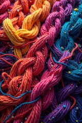 A chaotic mass of multicolored yarn, knotted and intertwined , intricate, cluttered